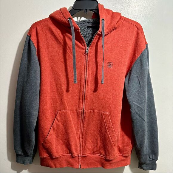 Volcom Men's Red and Gray Zip-Up Hoodie Sweatshirt - Picture 1 of 5